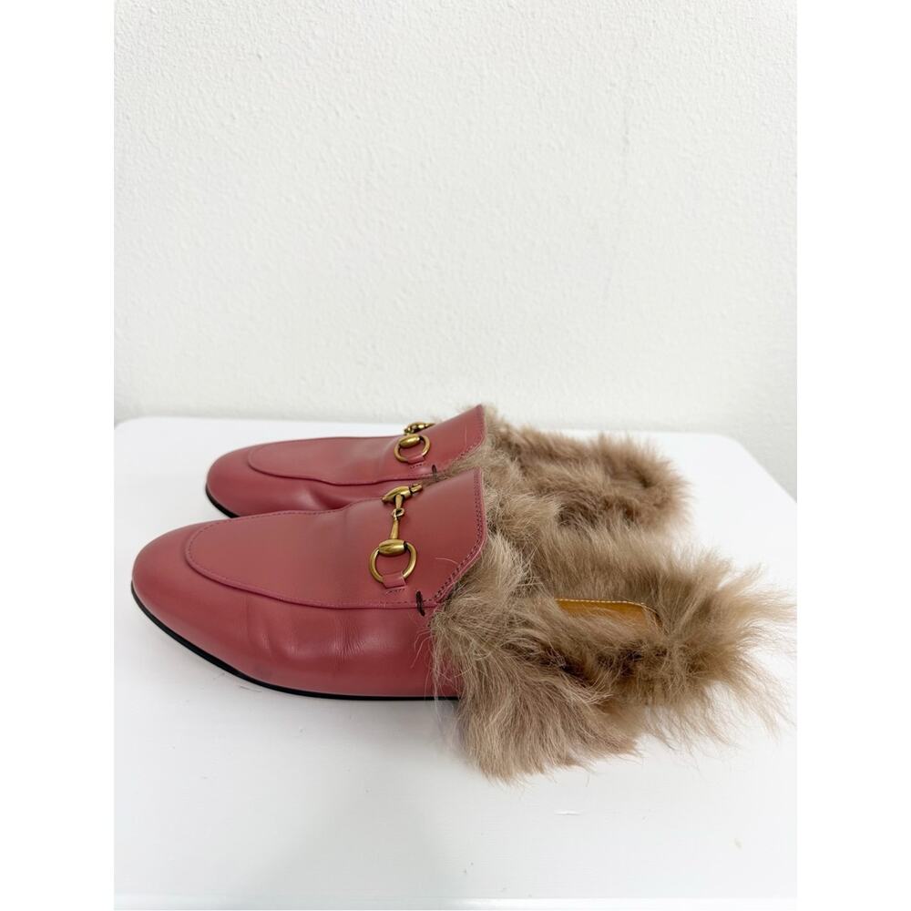 Gucci Princetown Pink Leather Fur Trim Horsebit Mules Size 37 - Picture 7 of 13